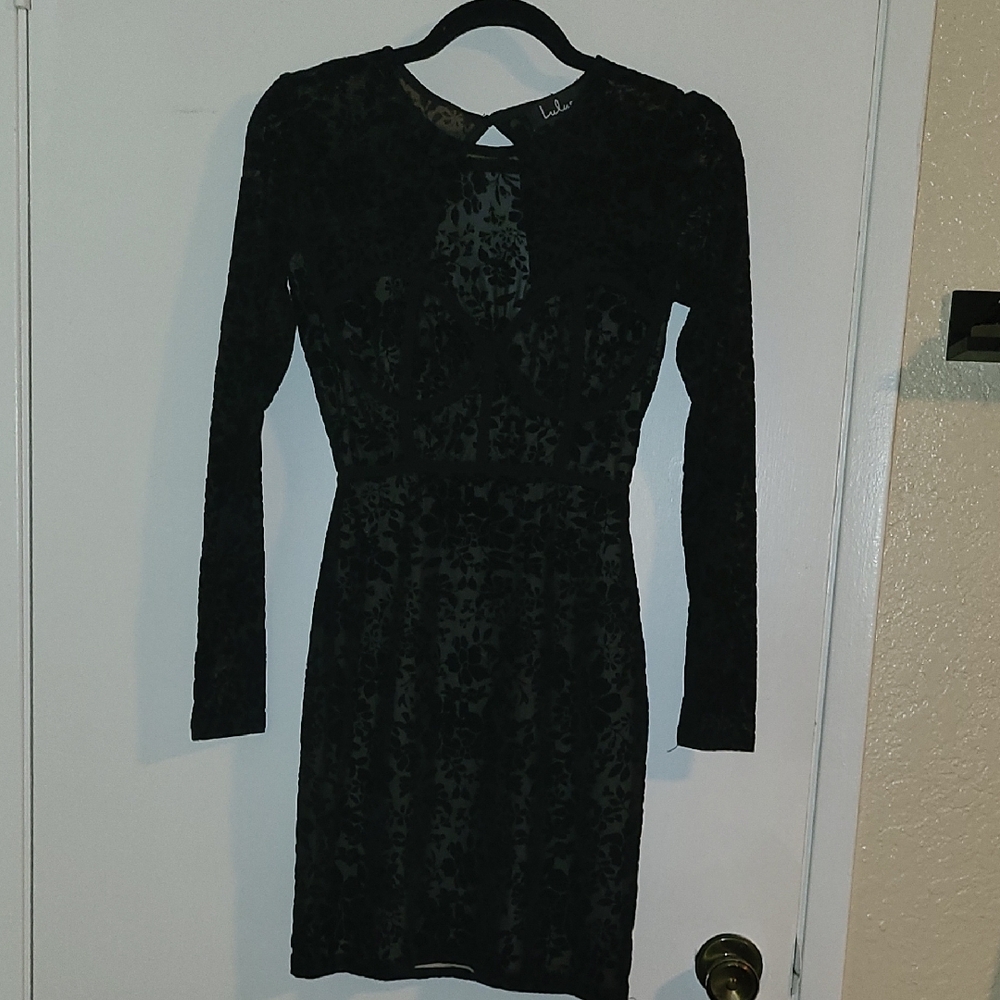 Lulu's Black Bodycon Burnout Corset Lining Long Sleeve Dress